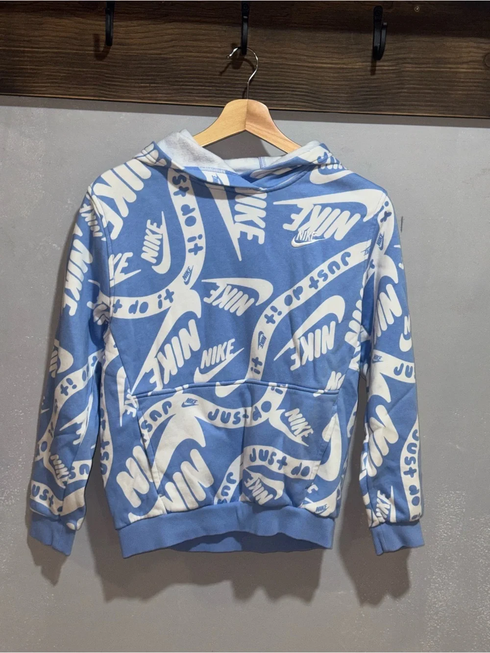 Nike Light Blue & White All-Over Logo Hoodie for Kids